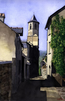 St Jean Eglise in Najac SW France.Watercolour